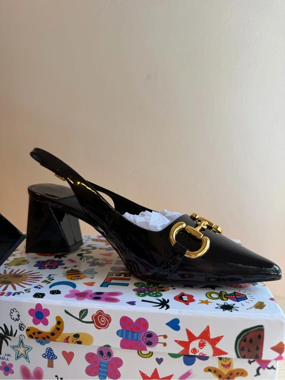 Jeffrey Campbell Black Patent Pointed Slingback Pumps with Gold Hardware